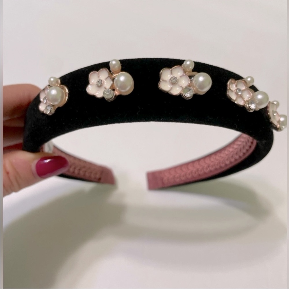 Roseings Handcrafted Pearl Crystal Flower Embellished Padded Hair Crown Headband